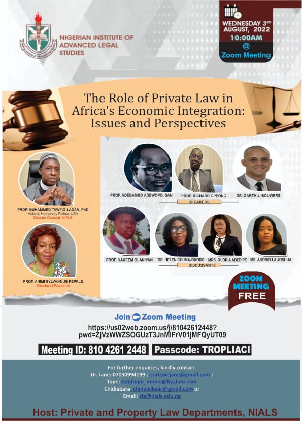 NIALS Webinar on The Role of Private Law in Africa’s Economic Integration: Issues and Perspectives.